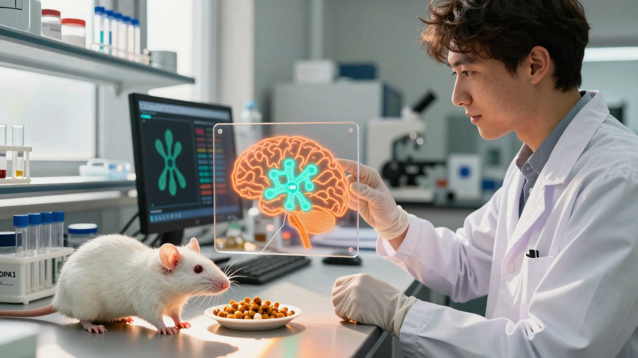 Scientist in lab coat analyzing brain hologram while seated at a table with a white lab mouse and food bowl.