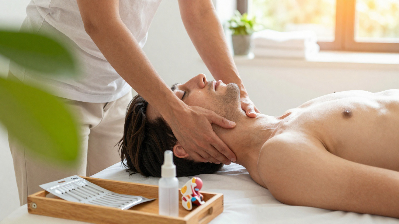 Therapist performing neck massage on a shirtless man lying on a treatment table in a bright room.