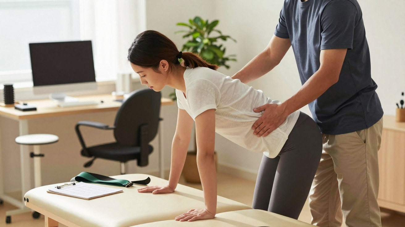 Therapist assisting woman with back exercise in bright room with desk and chair in the background.