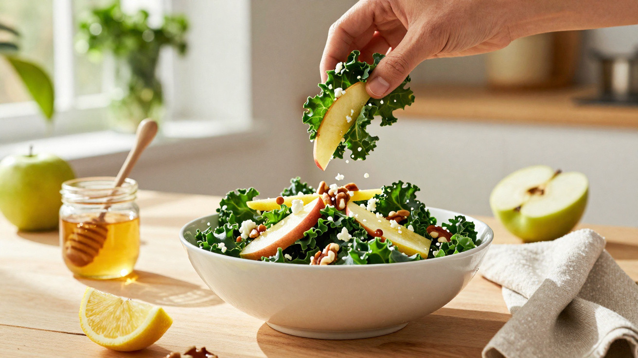 Hand placing apple slice and kale leaves into a bowl of salad with walnuts and honey on wooden table.