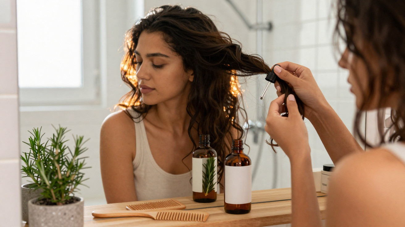 Woman applying hair oil with a dropper in front of a mirror with hair combs and a rosemary plant nearby