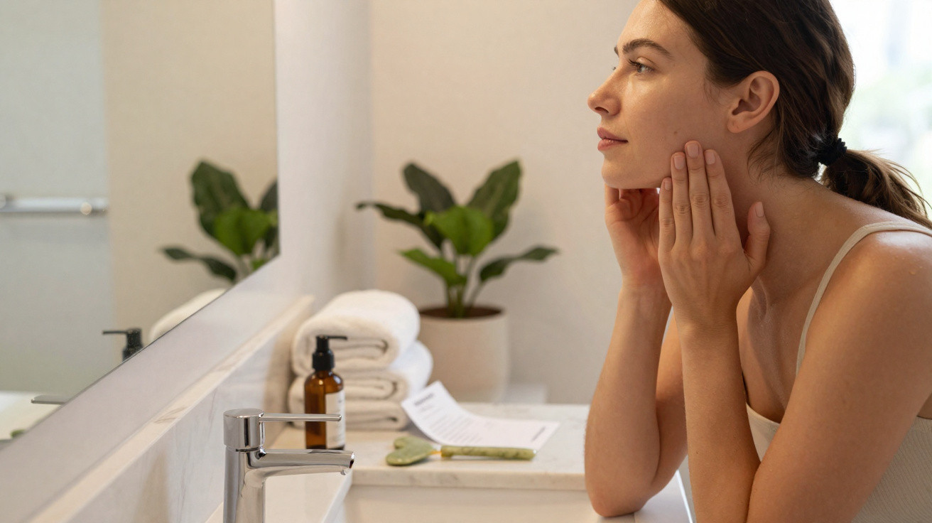 Woman examining her facial skin in a bathroom mirror with skincare products and towels on the counter.