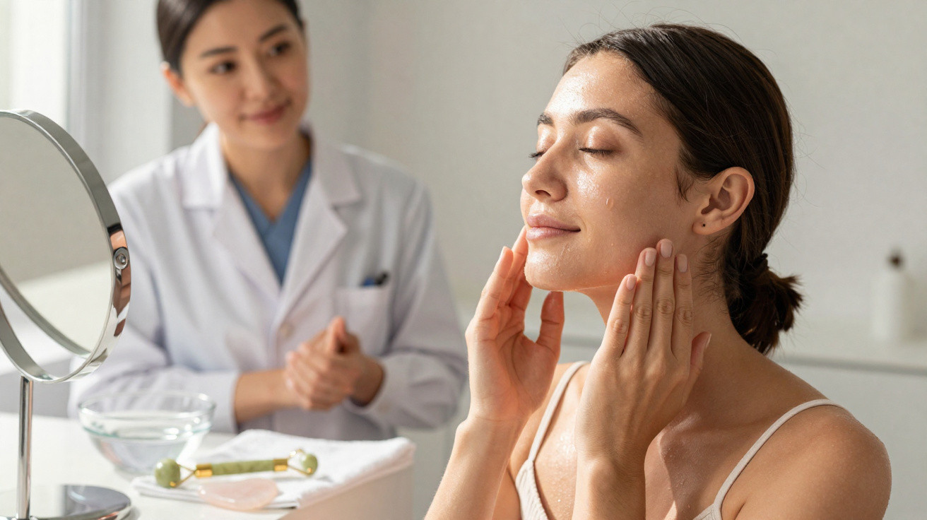 Woman gently massaging her face with eyes closed while a skincare professional watches nearby in a clinic.