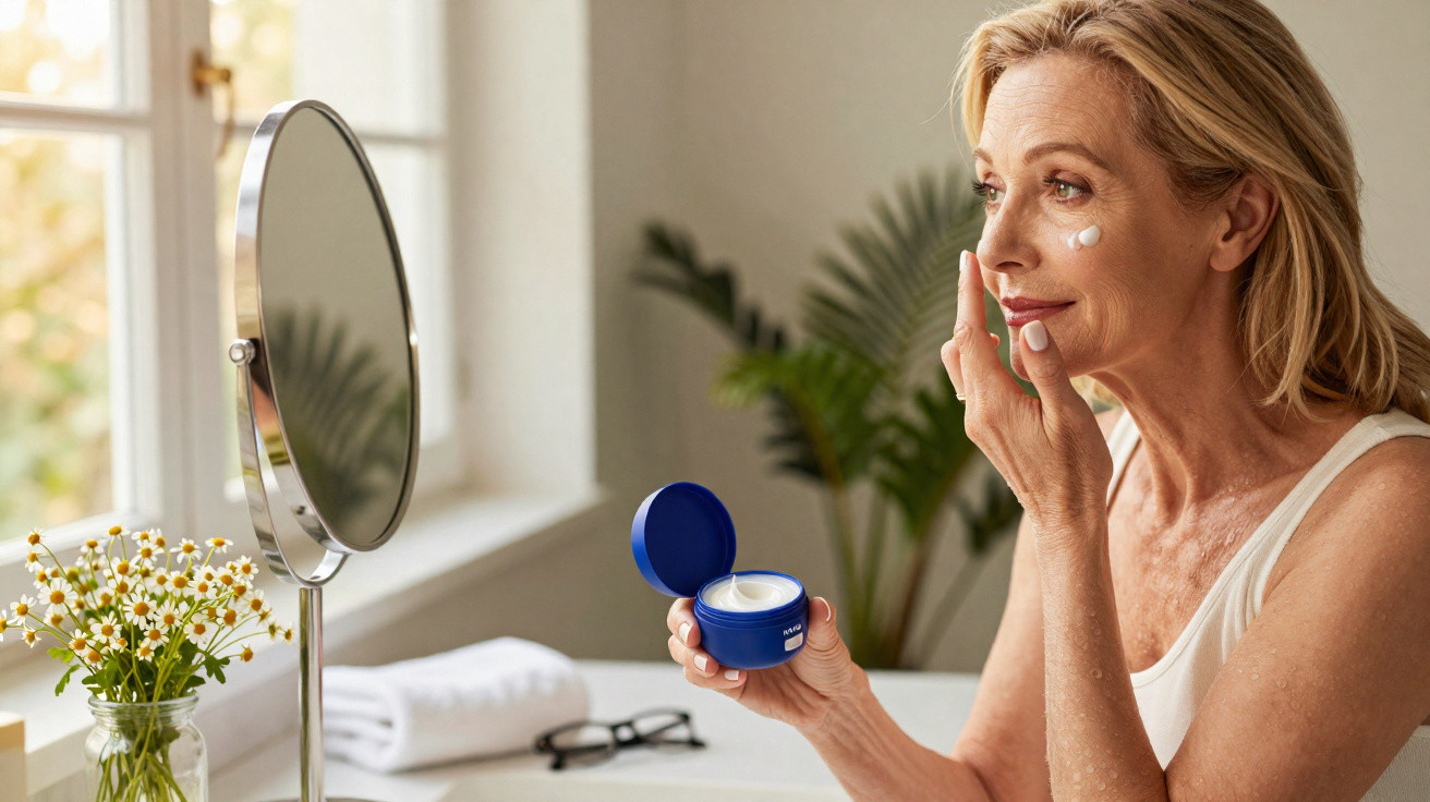 Mature woman applying face cream in front of mirror in bright room with plants and flowers.