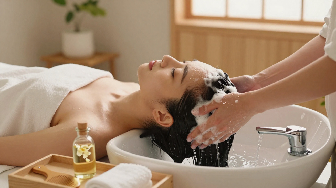 Woman relaxing with eyes closed while getting a shampoo wash at a salon sink with towels and oil nearby