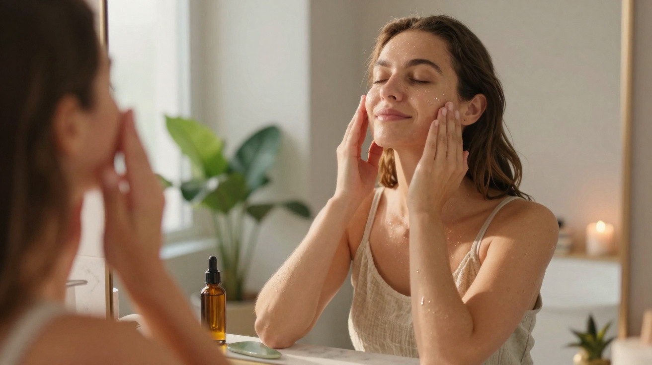 Woman gently applying skincare cream to her face in front of a bathroom mirror with closed eyes