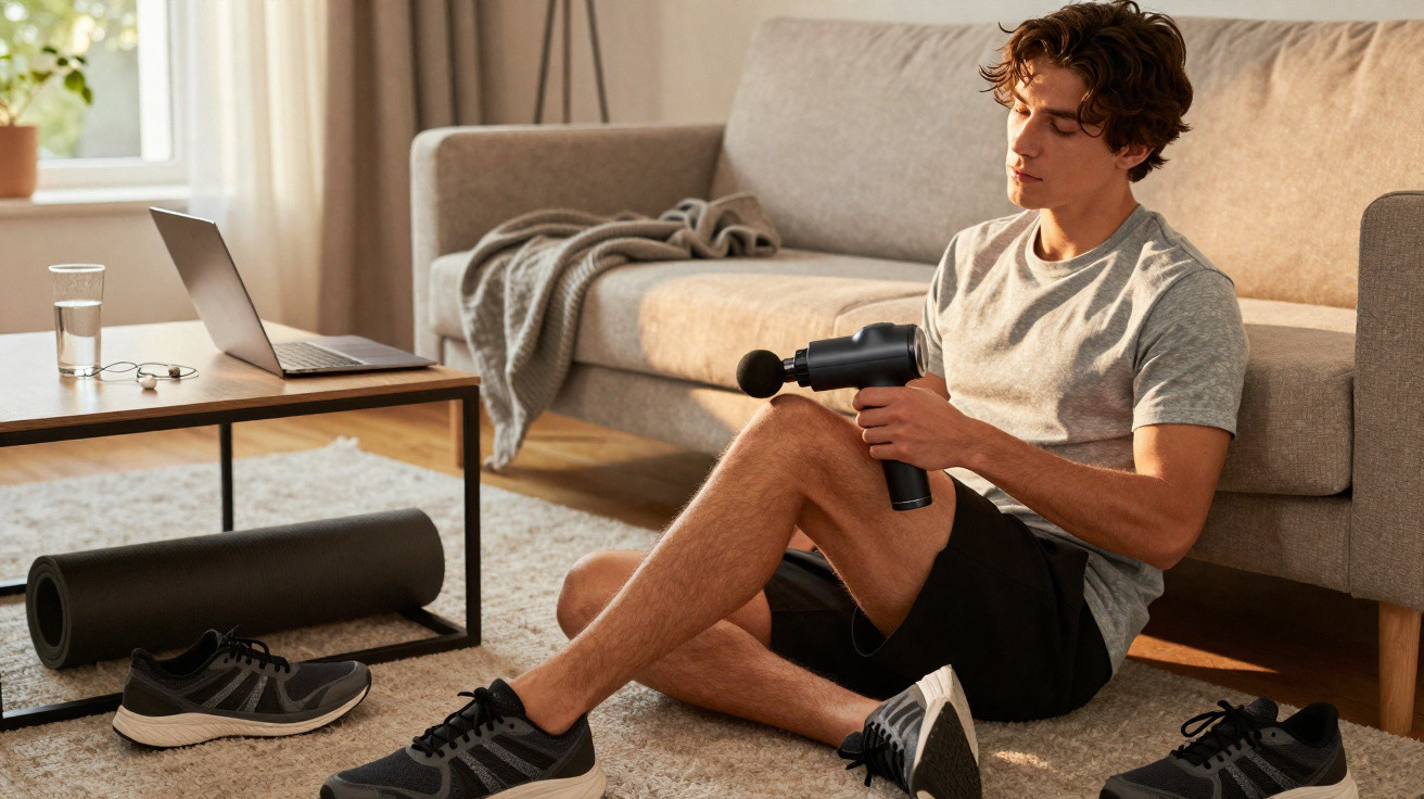 Young man using a massage gun on leg muscles in a living room next to running shoes and a yoga mat.