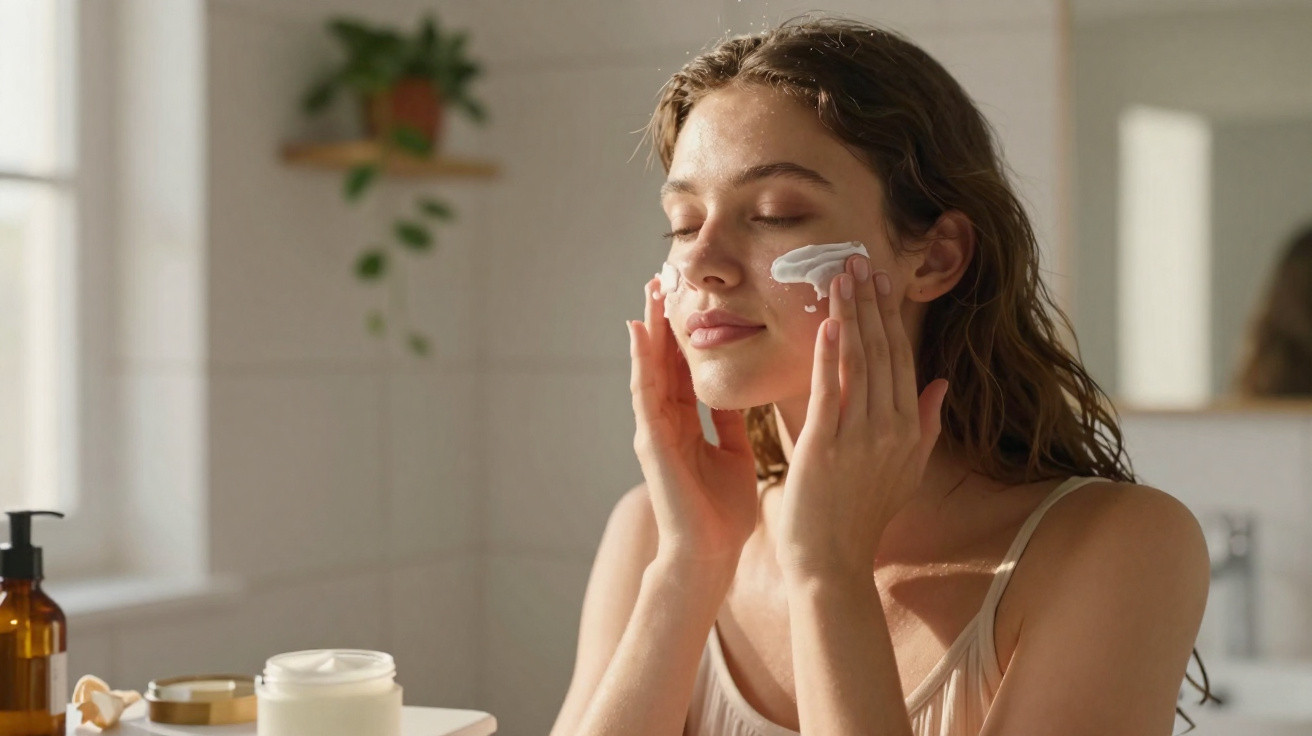 Woman with wet hair applying cream to her face in a sunlit bathroom with skincare jars on the counter.