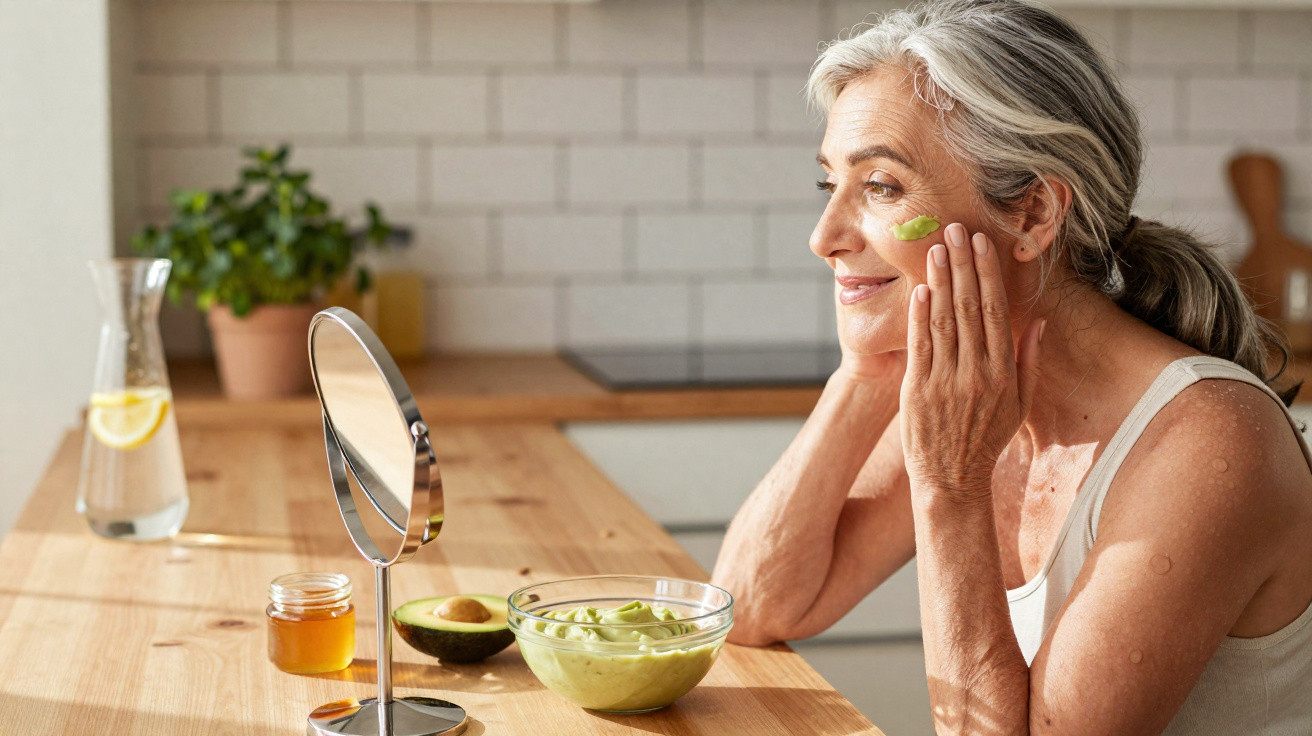 Mature woman applying avocado face mask while looking in a mirror in a bright kitchen.