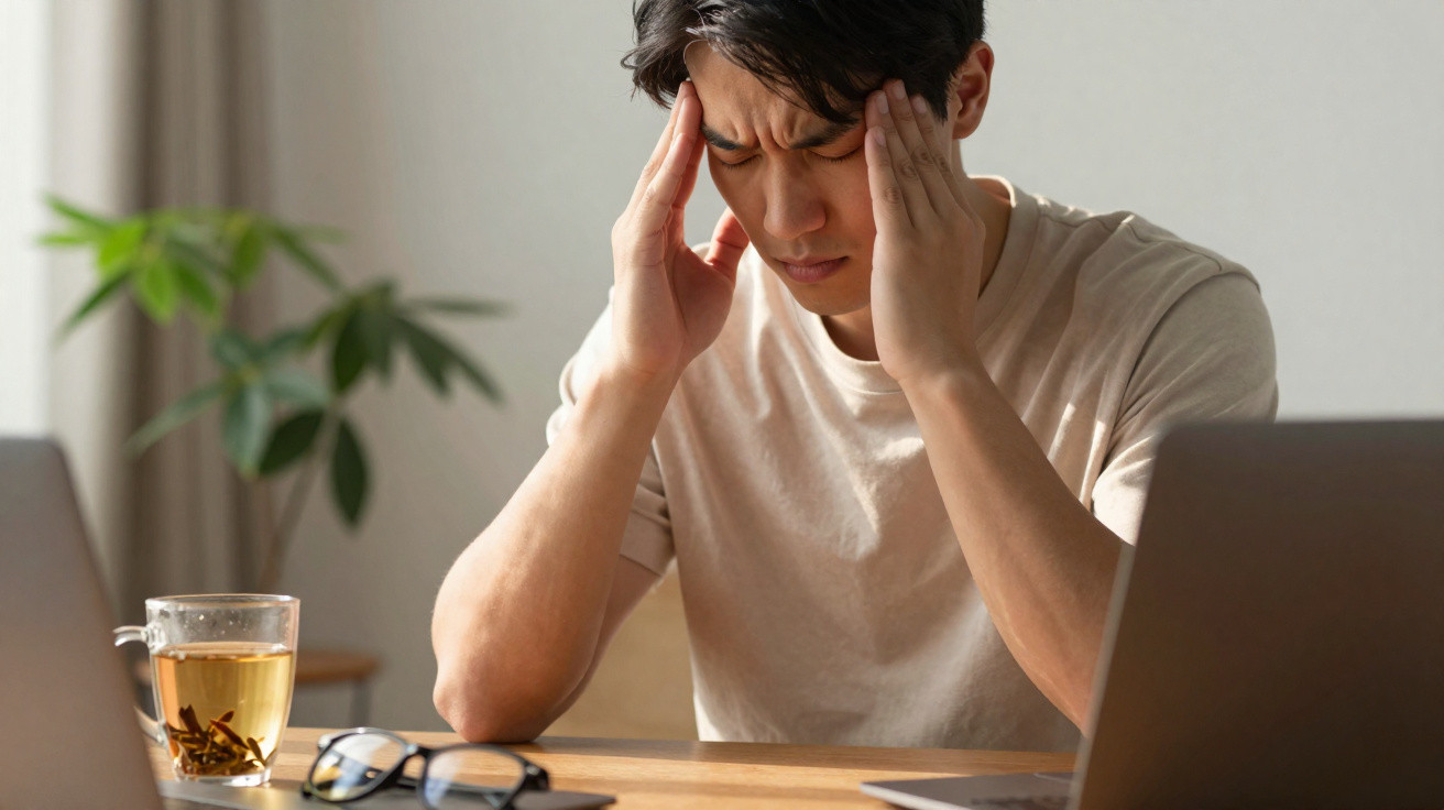 Young man in beige t-shirt sitting at a desk holding his temples with a pained expression.