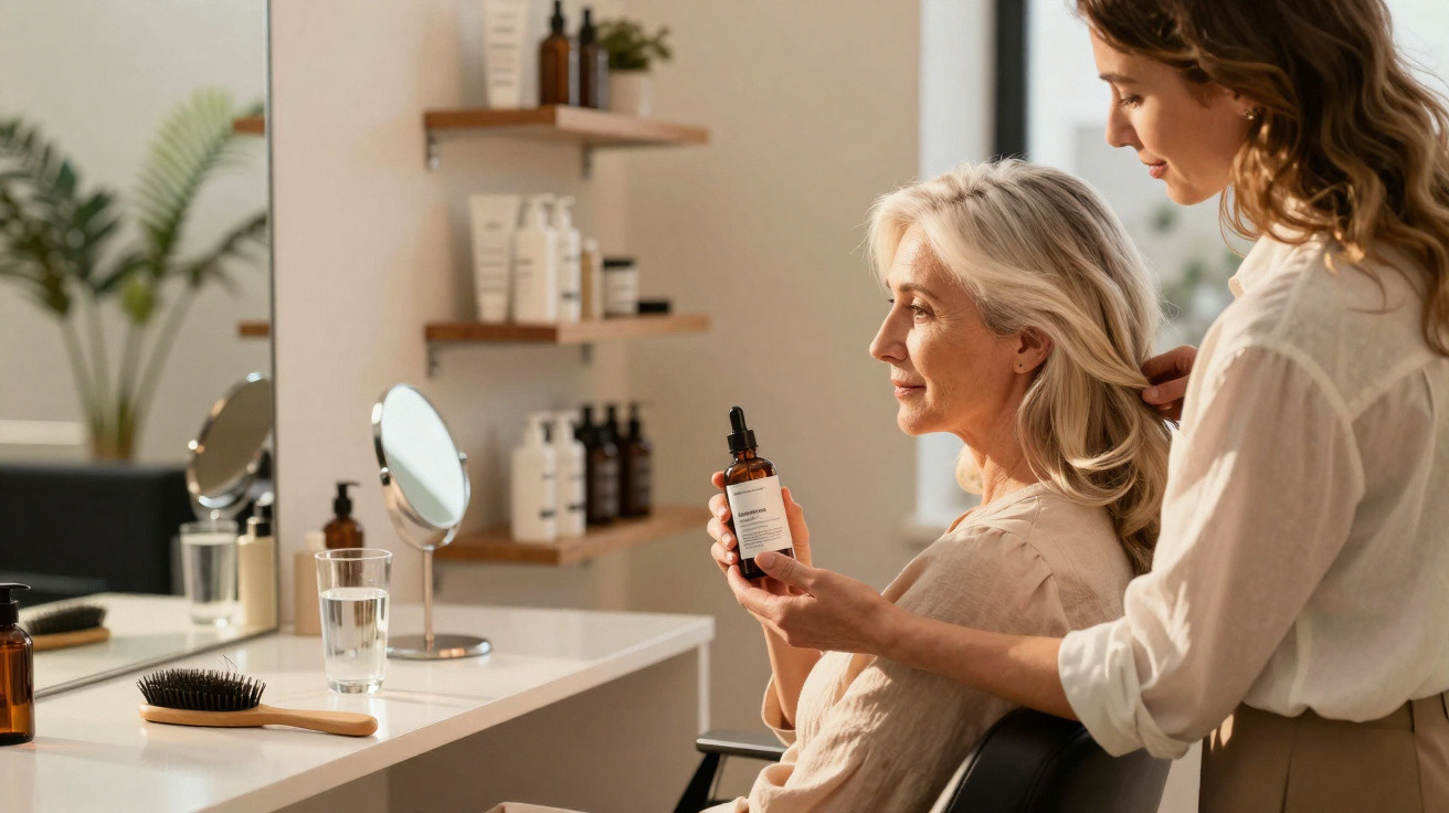 Woman applying hair serum on older woman's hair in a bright, modern bathroom with skincare products visible.