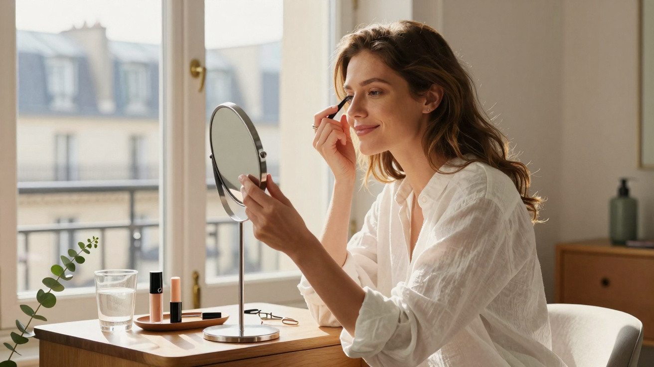 Woman sitting by a window applying eyebrow makeup using a handheld mirror on a wooden desk with cosmetics nearby.