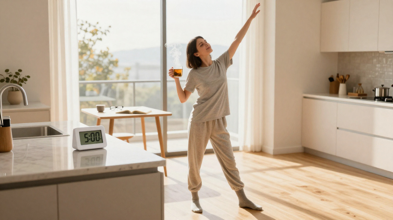 Woman in casual clothes stretching with a cup of tea in a bright modern kitchen at 5:00 am.