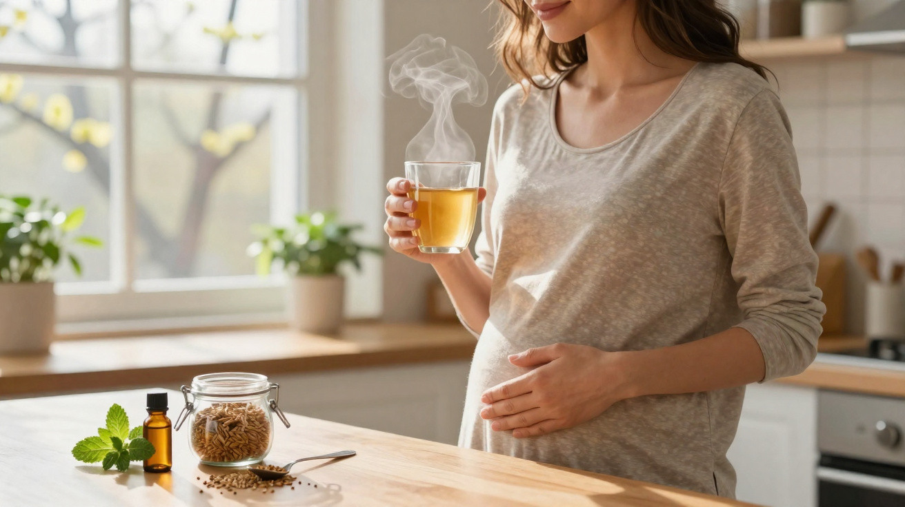 Pregnant woman holding a steaming cup of herbal tea in a bright kitchen, with herbs and seeds on the table.