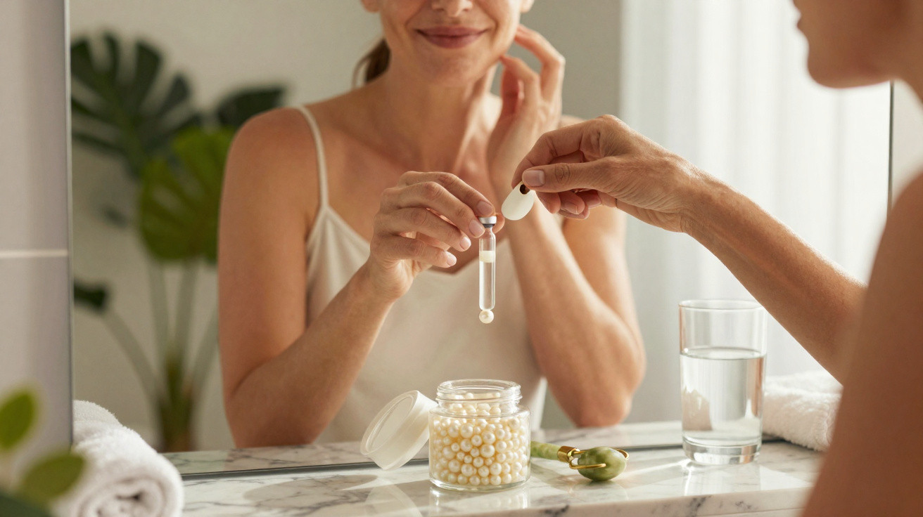 Woman smiling while holding a glass vial with serum, standing by bathroom mirror with skincare products on the counter.
