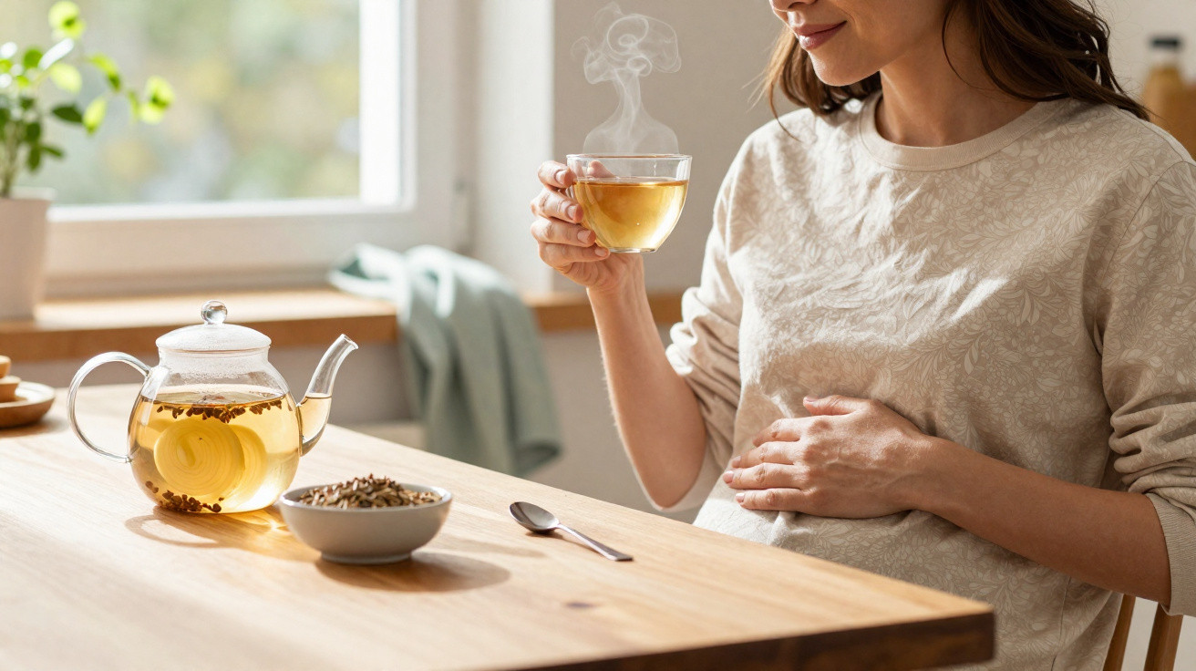 Pregnant woman holding a steaming cup of herbal tea next to a teapot and bowl of herbs on a wooden table.