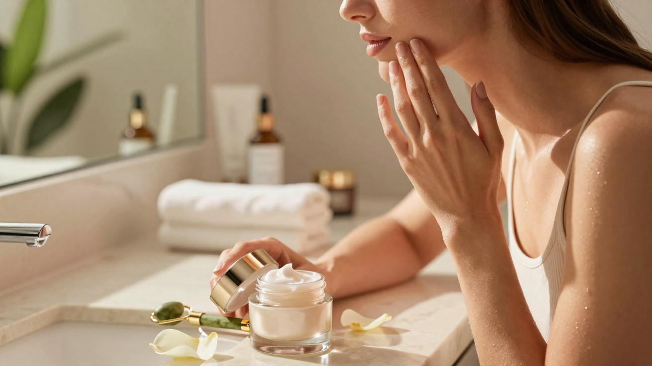 Woman applying face cream from a jar on bathroom countertop with a jade roller and flower petals nearby.