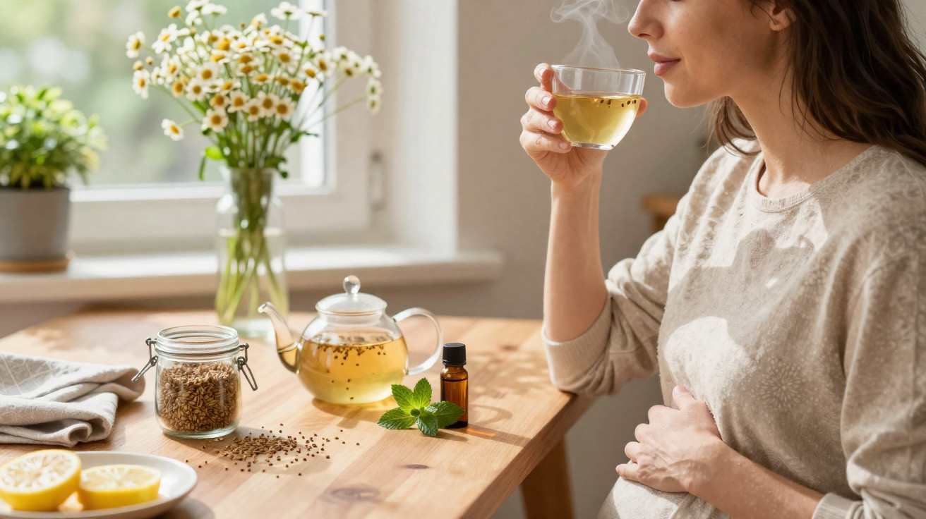 Pregnant woman sitting at wooden table, holding steaming cup of herbal tea with herbs and lemons nearby.