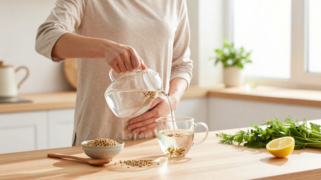 Person pouring herbal tea from a glass teapot into a clear mug on a kitchen counter with fresh herbs and lemon.