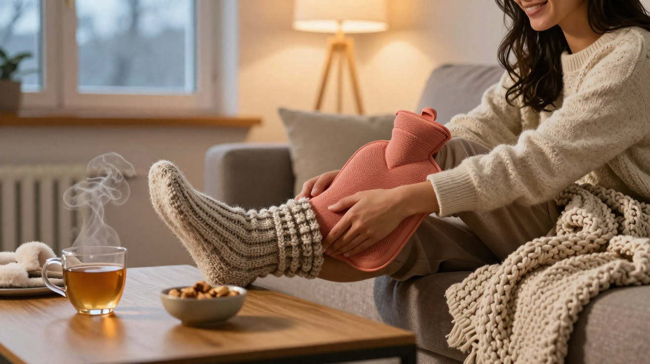 Woman in cosy socks warming her leg with a hot water bottle, sitting on a sofa with tea and snacks nearby.