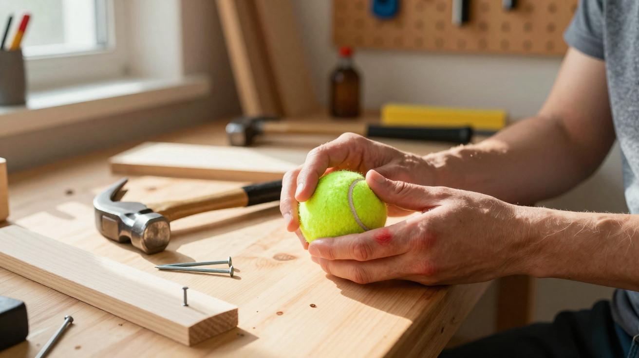 Person holding a tennis ball at a wooden workbench with nails and a hammer nearby in a workshop.