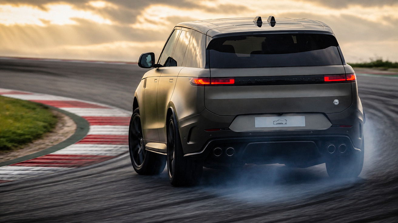 Matte grey SUV drifting on a racetrack as smoke rises from the rear tyres at sunset.