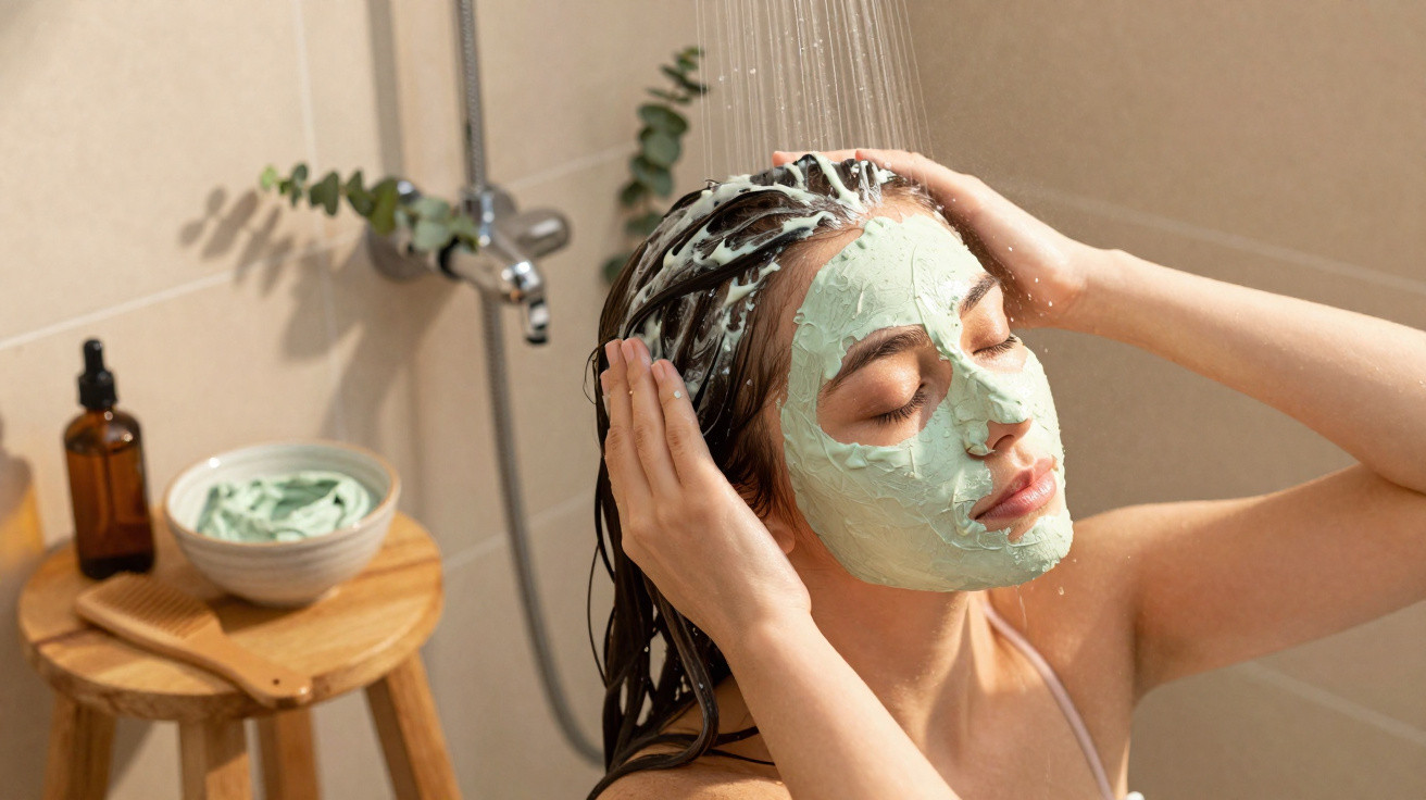 Woman with green facial mask washing hair in shower with skincare products on stool nearby