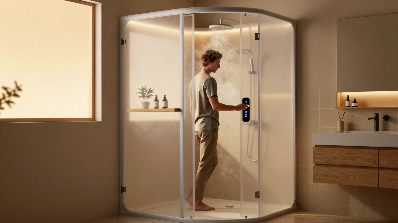 Man adjusting settings on a modern, enclosed shower with frosted glass and ambient lighting.