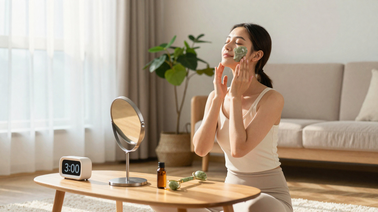 Woman applying a green facial mask while sitting on the floor in a sunlit living room with skincare tools on a table.