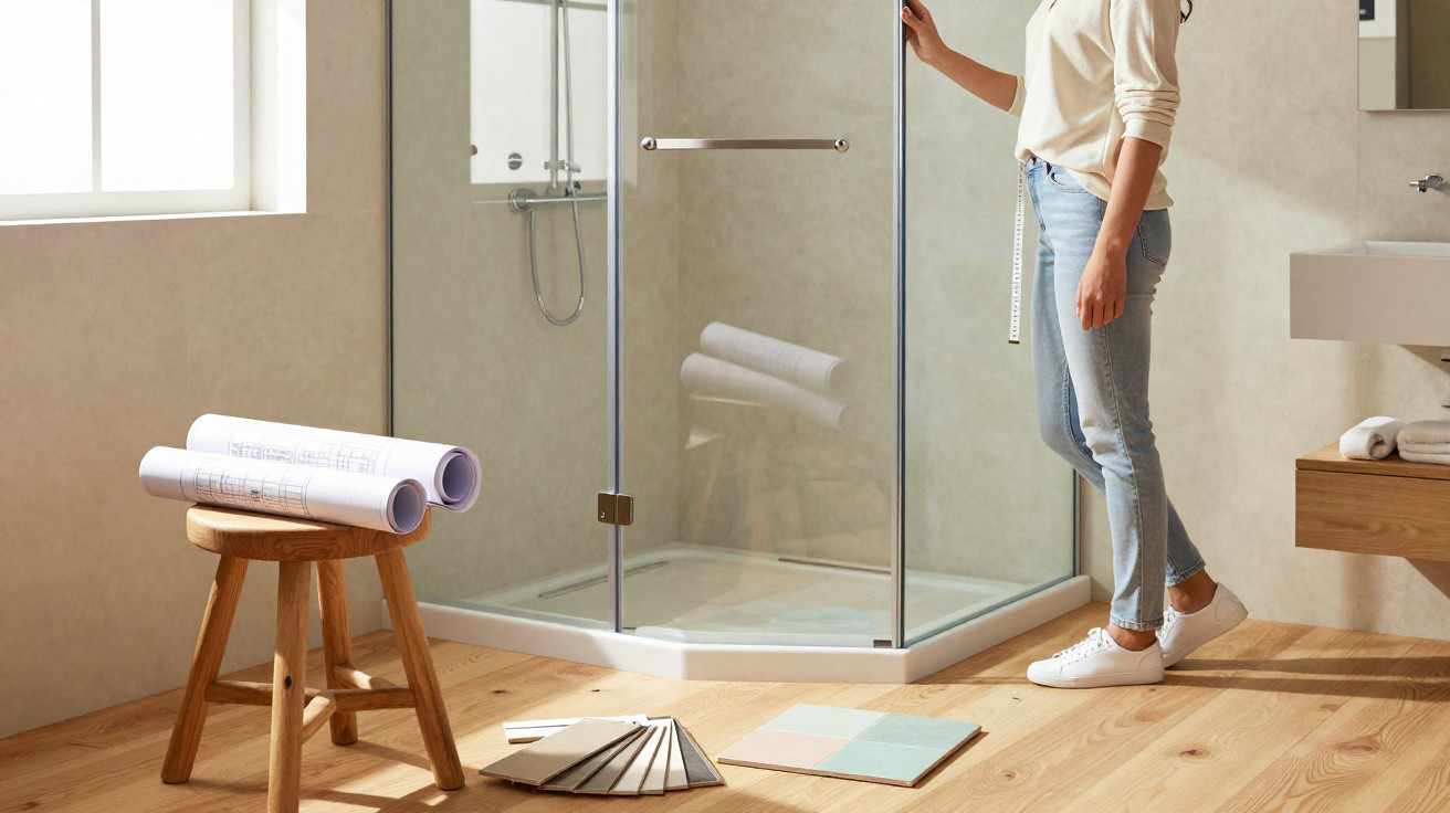 Person measuring a glass shower enclosure with floor samples and blueprints on a wooden stool nearby