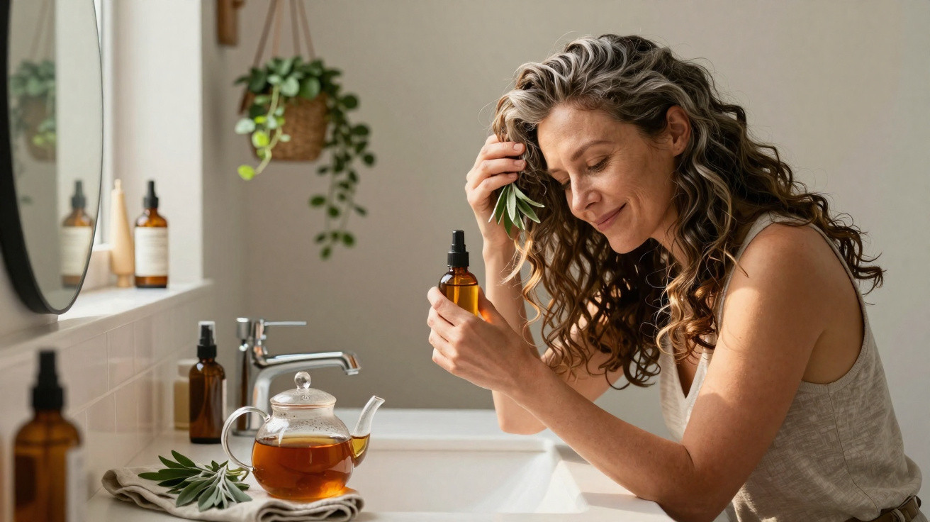 Woman with curly hair holding a brown spray bottle and green leaves near a bathroom sink, with a teapot nearby.