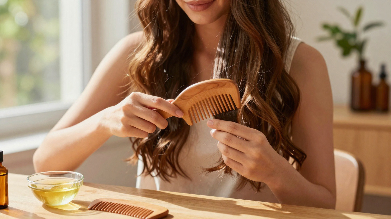Woman combing her long brown hair with a wooden comb at a sunlit table with hair oil and a bowl nearby.