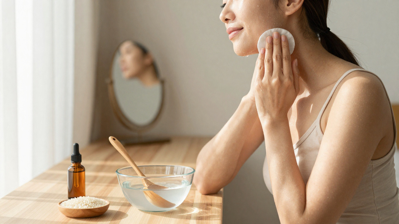 Woman cleansing her face with cotton pad, beside a bowl of water and skincare items on a wooden table.