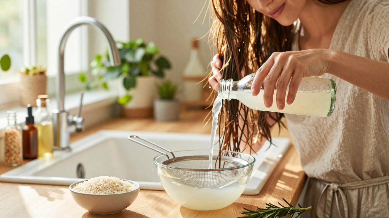 Woman rinsing rice water through a strainer into a glass bowl in a bright kitchen.
