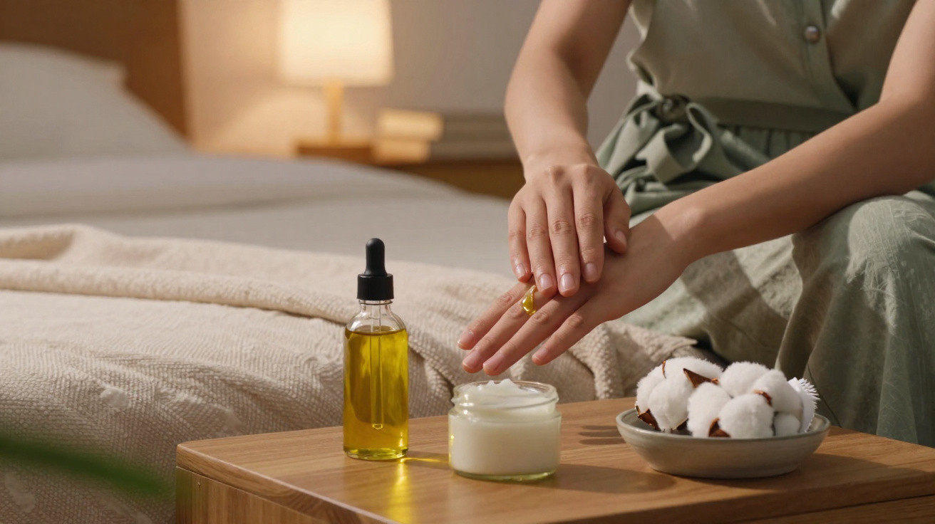 Person applying yellow oil to hands next to a jar of cream and cotton flowers on a wooden table.