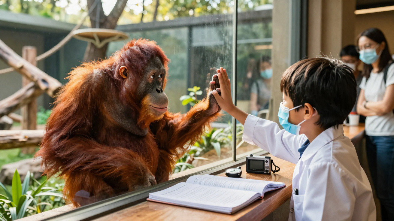Young boy wearing a mask touching hands with an orangutan through glass at a zoo exhibit.