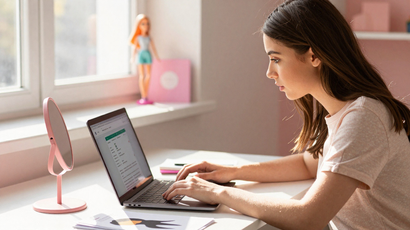 Young woman focused on typing on a laptop at a bright desk by the window with a pink mirror and desk decor.