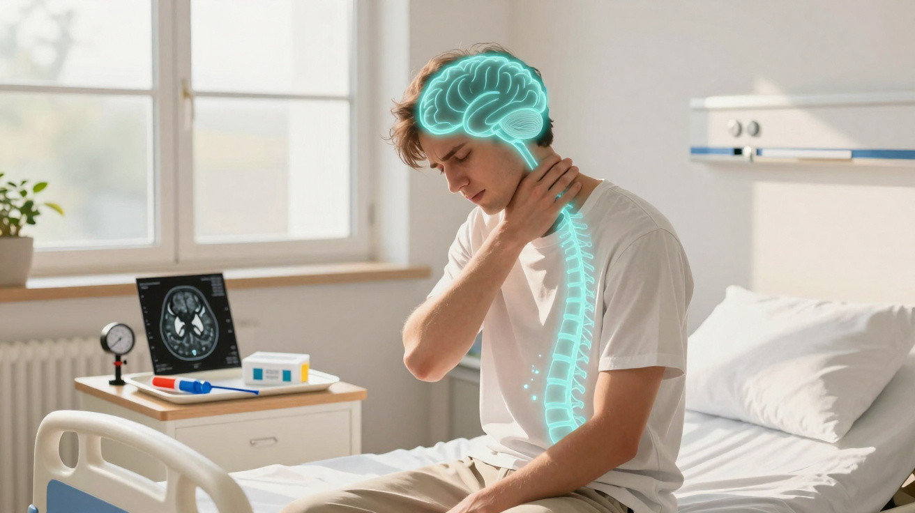 Young man in hospital bed holding neck in pain with glowing brain and spine illustration overlay.