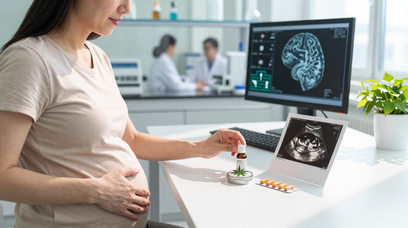 Pregnant woman holding cannabis oil bottle at a medical desk with ultrasound and brain scan images.