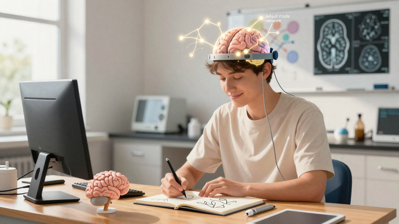 Young man wearing a brain-computer interface device, drawing in a notebook at a desk with a computer and brain model.