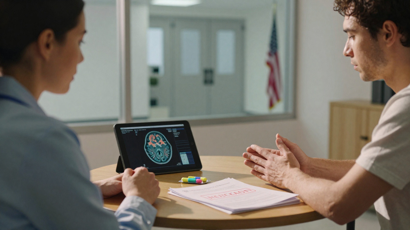 Doctor and patient discussing brain scan shown on tablet during consultation in medical office.