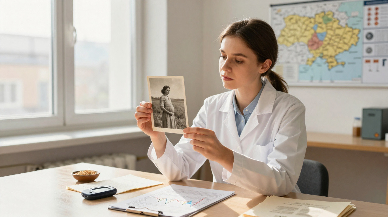 Young female scientist in lab coat examining a black and white photograph in a bright office with a map on the wall.