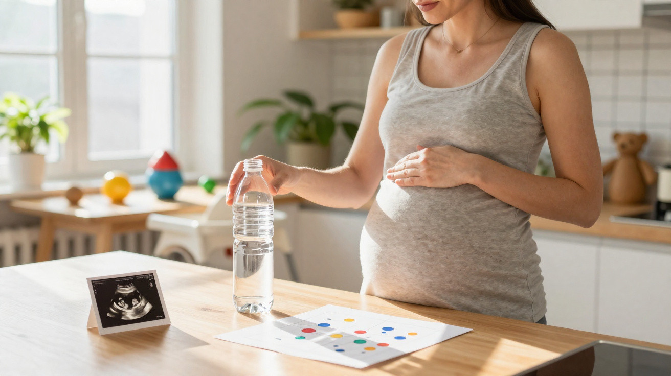 Pregnant woman in grey vest holding water bottle with ultrasound image on kitchen table nearby.