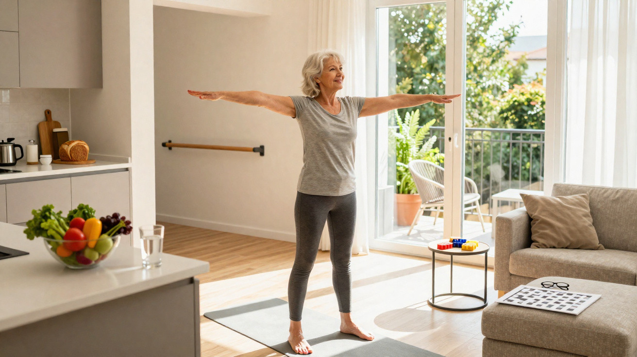Elderly woman in grey activewear doing stretching exercises on a yoga mat in a bright living room.