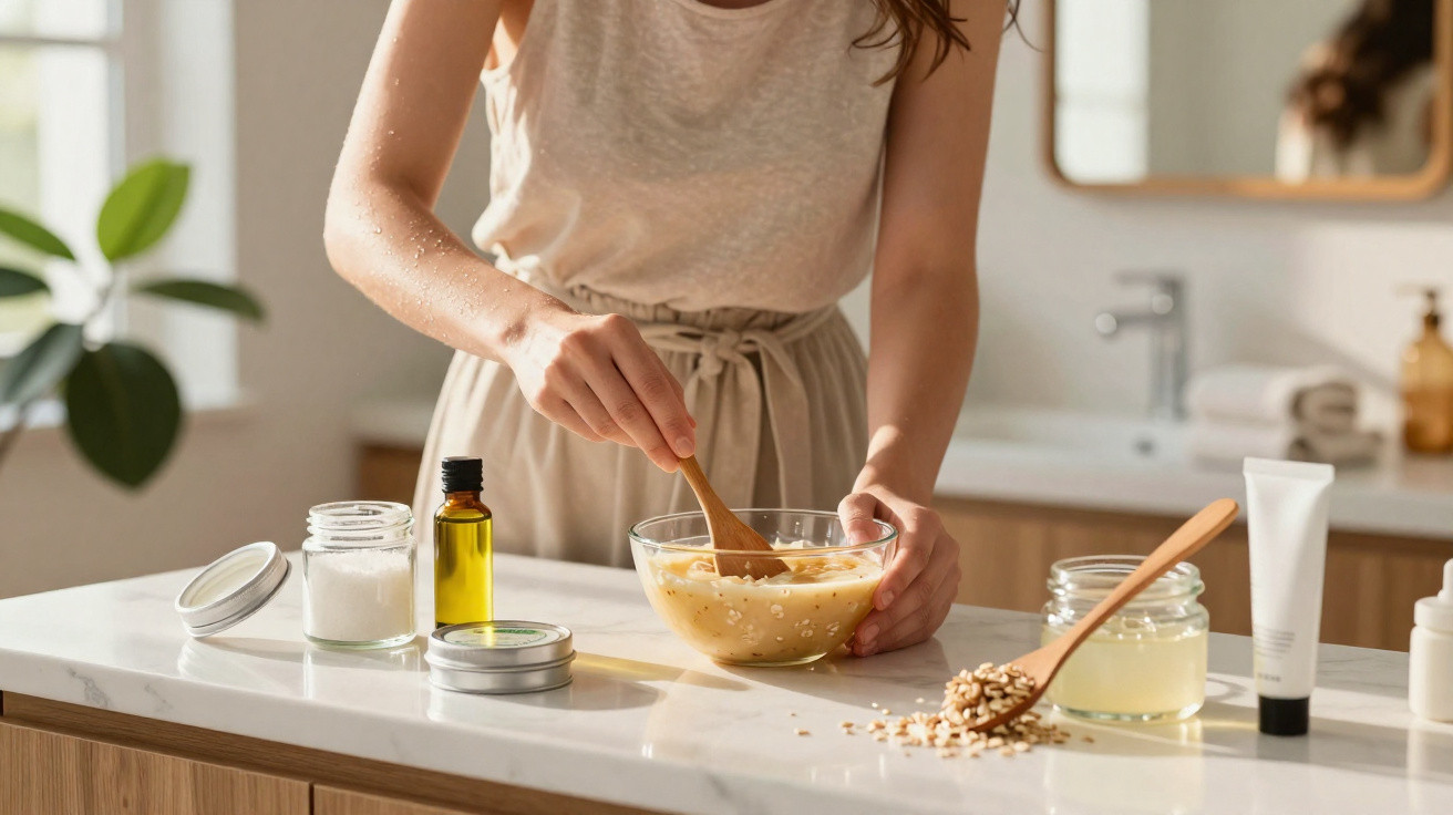 Person mixing oats and liquid in a glass bowl on a kitchen counter with jars and bottles nearby.