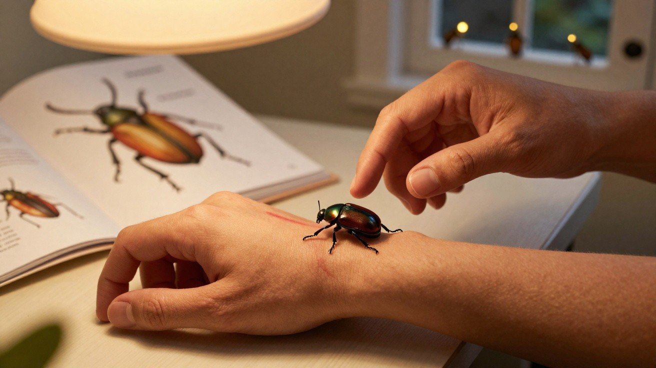 Person touching a large, lifelike beetle resting on their forearm with an illustrated beetle book in the background.