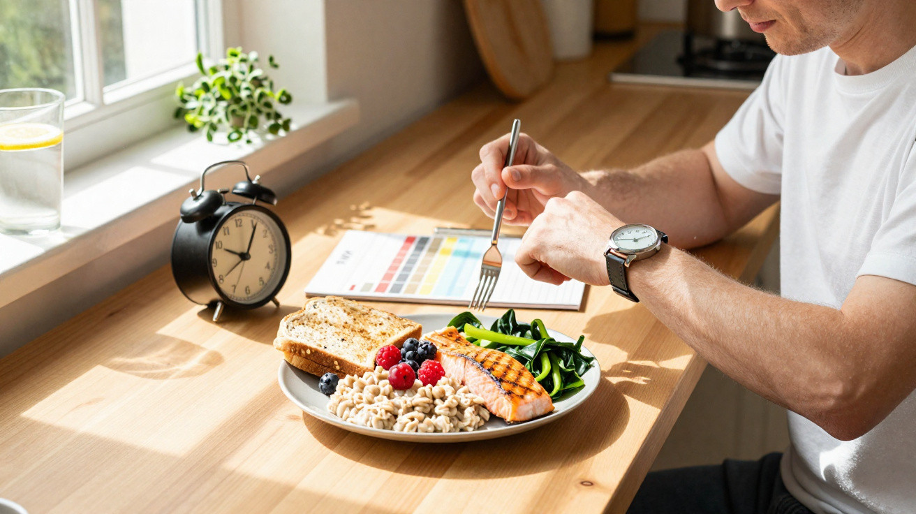 Man in white t-shirt eating a healthy meal of grilled salmon, vegetables, berries and toast at a sunny wooden table.