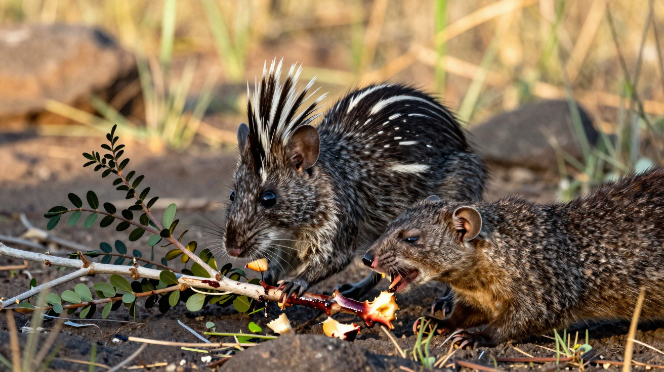 Two small rodents on the ground nibbling on a branch, one with distinctive black and white spiky fur.