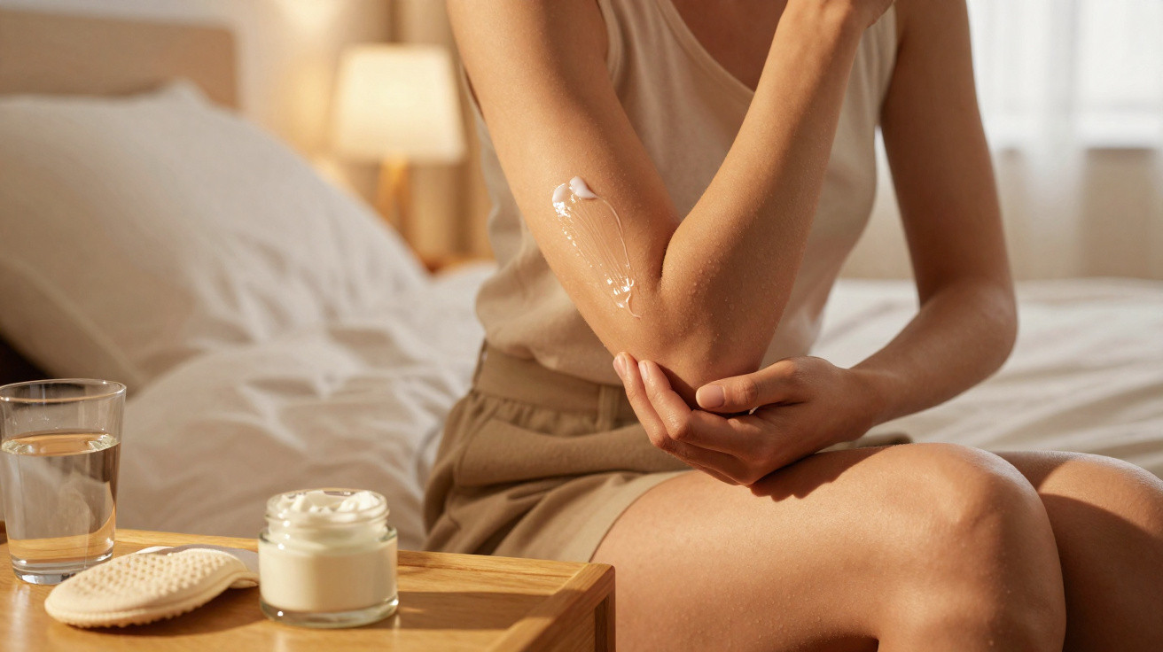 Woman applying cream to her elbow while sitting on a bed next to a wooden nightstand with skincare products.