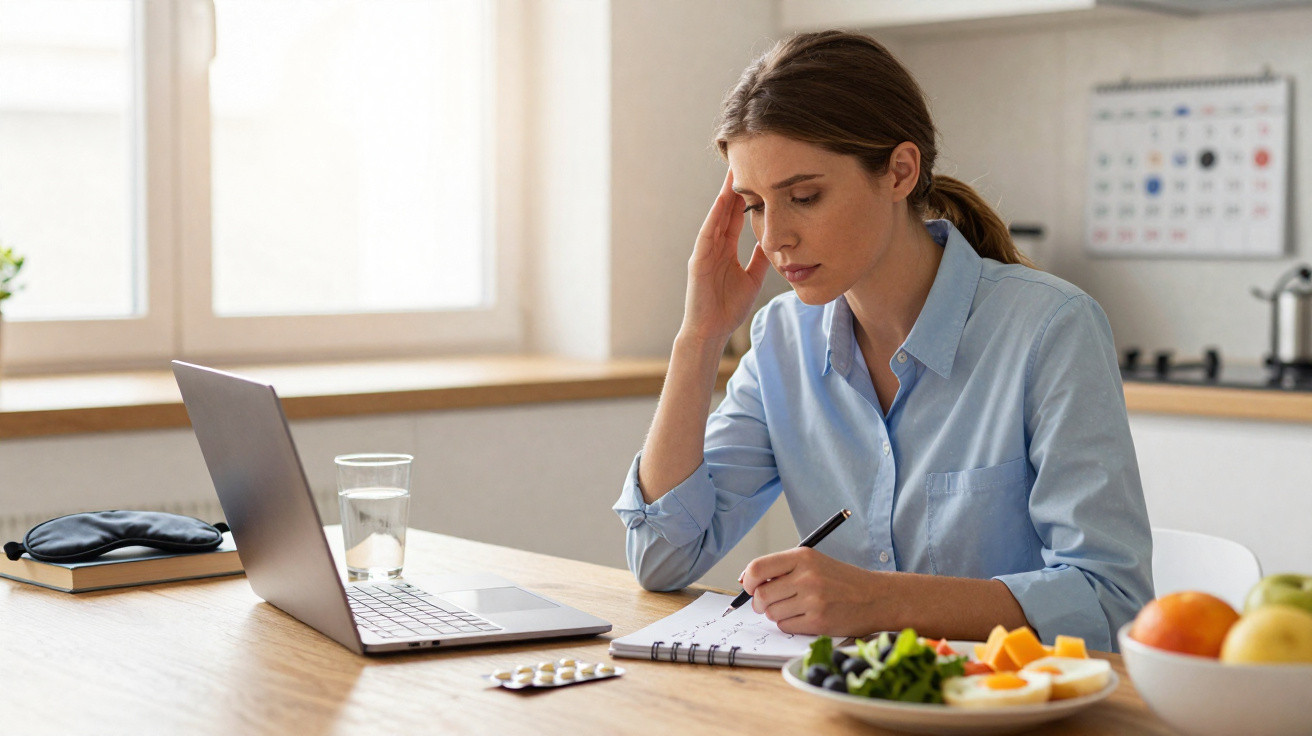 Woman sitting at a table with a laptop and food, holding her head looking stressed and writing in a notebook.
